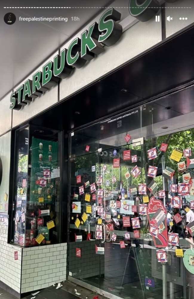 A Starbucks store was reportedly closed after being plastered with pro-Palestine material. Picture: Reddit