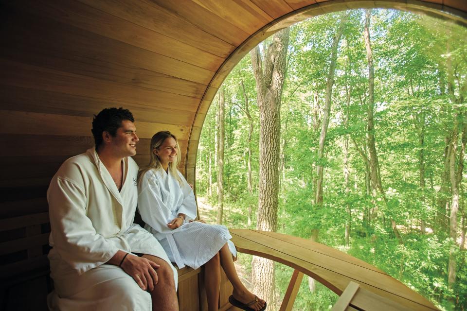 The view is beautiful from inside a Sauna Pod