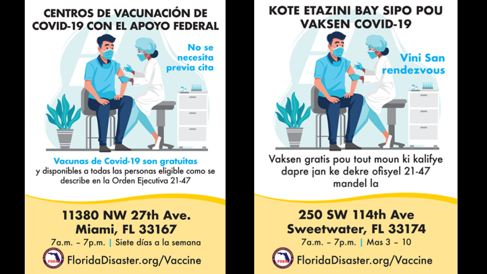 The state distributed these fliers to advertise federally supported vaccination sites in the greater Miami, Jacksonville, Orlando and Tampa areas.