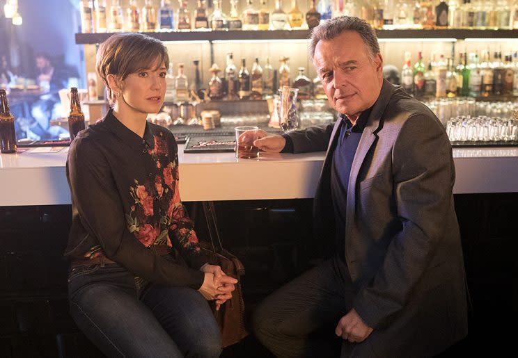 Carrie Coon as Gloria Burgle, Ray Wise as Paul Marrane in FX’s Fargo.