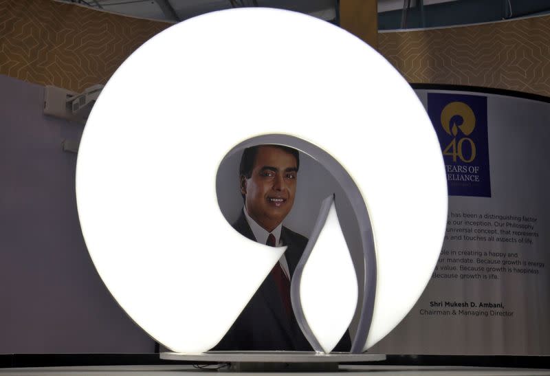 The logo of Reliance Industries is pictured in a stall at the Vibrant Gujarat Global Trade Show at Gandhinagar