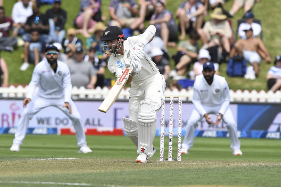 New Zealand's Kane Williamson bats against India during the first cricket test between India and New Zealand at the Basin Reserve in Wellington, New Zealand, Saturday, Feb. 22, 2020. (AP Photo/Ross Setford)