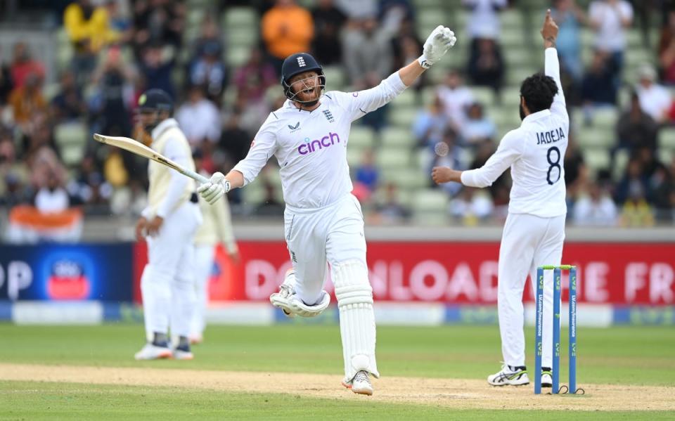 Jonny Bairstow celebrates his century at Edgbaston yesterday  (Getty)