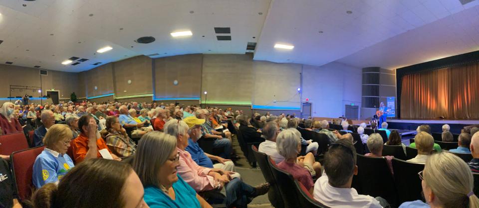The 2023 sold-out crowd at the Historic Grove Theater for the Flatwater Tales Storytelling Festival.