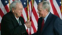 Palmer (L) and Jack Nicklaus (R) during the Congressional Gold Medal ceremony in 2012.