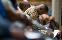 <p>U.S. Army Specialist Shane Cardel, of Jamaica, bows his head after taking the Naturalization Oath of Allegiance to the United States of America Friday, June 30, 2017, during a naturalization ceremony at the New York Public Library in New York. Over 190 immigrants from 59 countries became American citizens at the fourth annual Independence Day naturalization ceremony hosted by the library. (Photo: Michael Noble Jr./AP) </p>