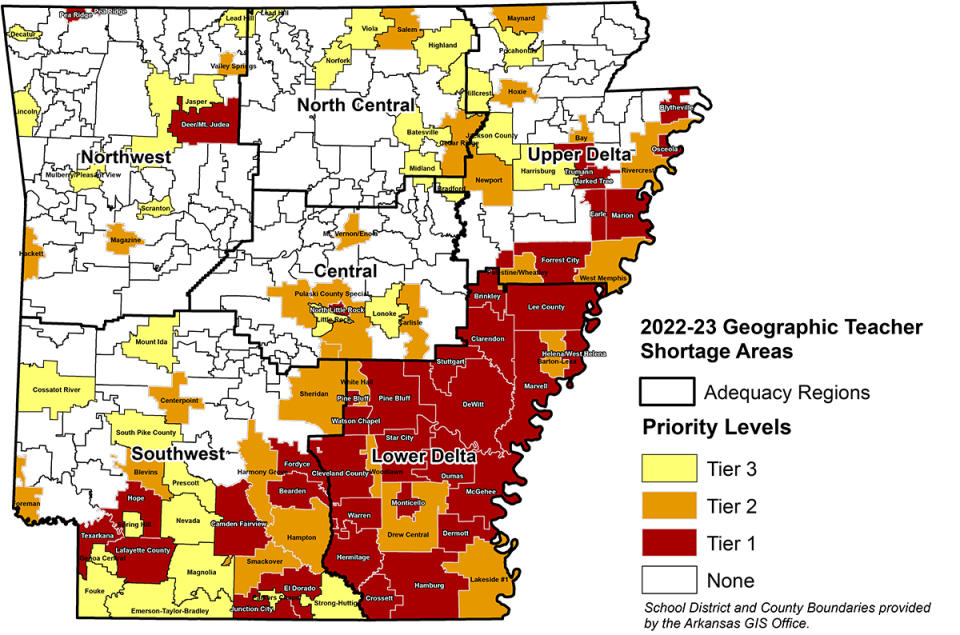 District’s in Arkansas’s Delta region are facing the most acute teacher shortages, with over 10% of roles filled by unlicensed educators. (Arkansas Department of Education)