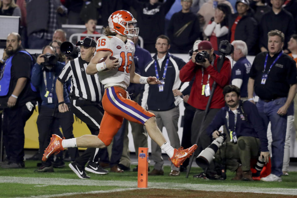 Clemson quarterback Trevor Lawrence showed off his mobility against Ohio State in the Fiesta Bowl. (AP Photo/Rick Scuteri)