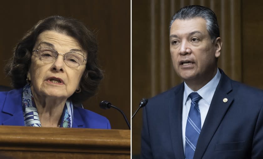 Left, Sen. Dianne Feinstein, D-Calif., speaks during a Senate Appropriations Committee hearing on Capitol Hill, Tuesday, April 20, 2021 in Washington. Right, Sen. Alex Padilla, D-Calif., speaks during a hearing of the Senate Health, Education, Labor and Pensions Committee on Capitol Hill, in Washington.