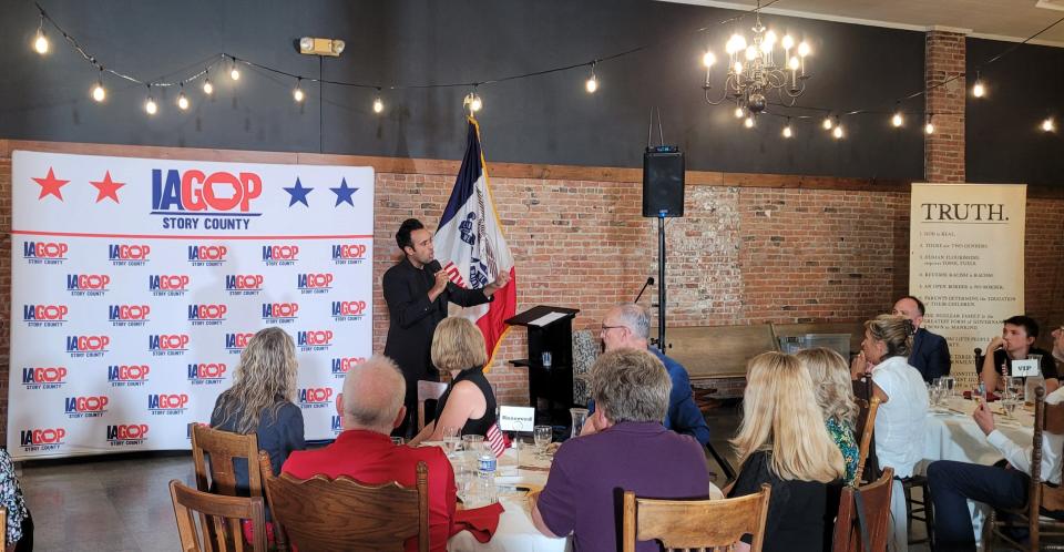 Republican Presidential Candidate Vivek Ramaswamy speaks at a Story County GOP fundraiser in Nevada, Iowa on Thursday Aug. 31, 2023.