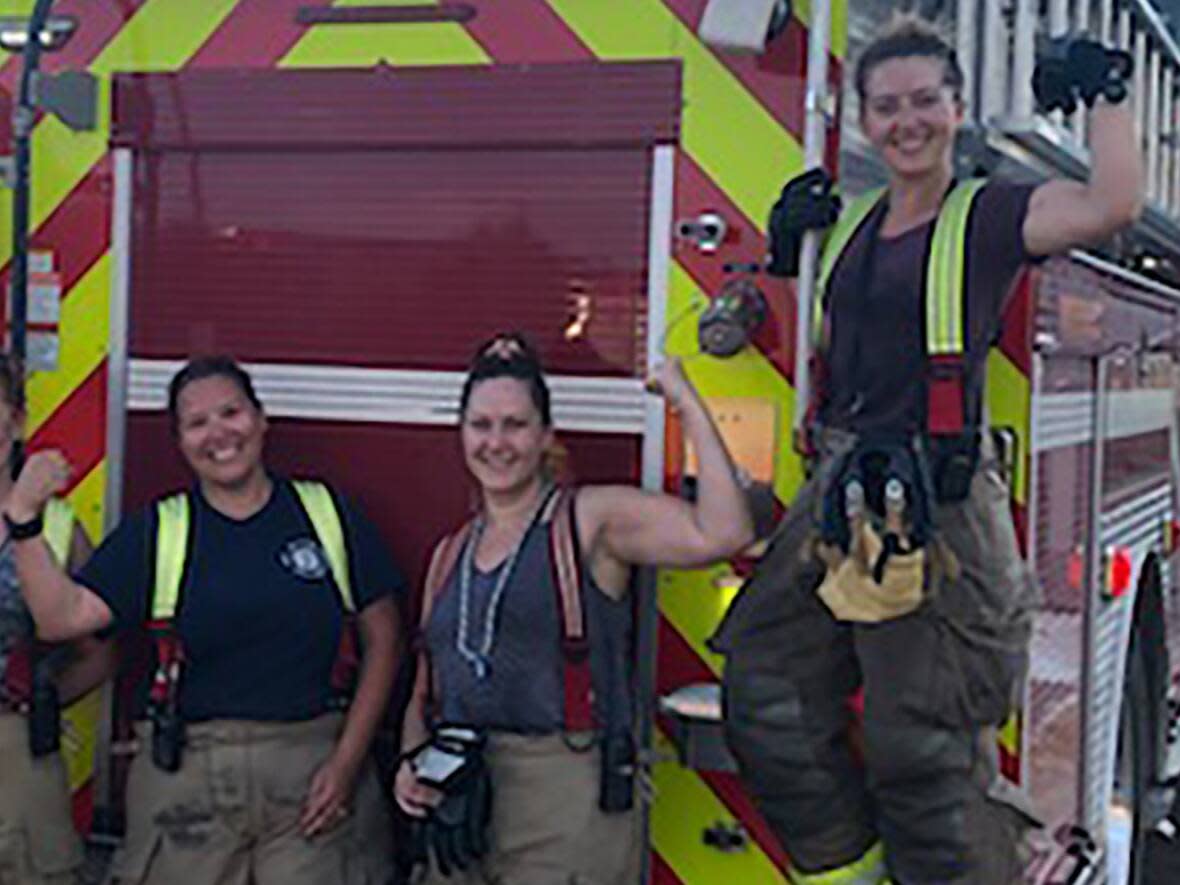 All-female attack team, from left to right: Stacey Barnes, Trina Swan, Kirsten Fischer, Crystal Potter, Julia Janicki. Nearly half of Hay River's fire department is comprised of women. (Submitted by Kirsten Fischer - image credit)