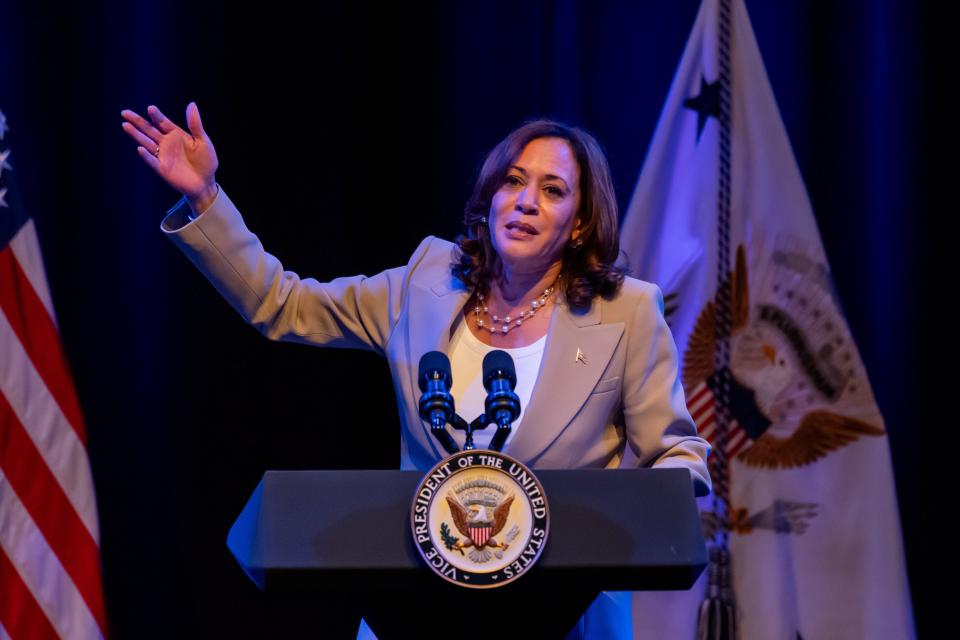 Vice President Kamala Harris talks about Florida's new history teaching standards during an appearance Friday at Jacksonville;'s Ritz Theatre and Museum.