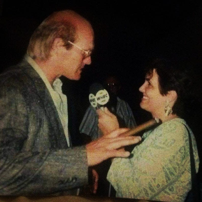 Veteran WHBC broadcaster and Pittsburgh Steelers fan Pam Cook interviews Terry Bradshaw.