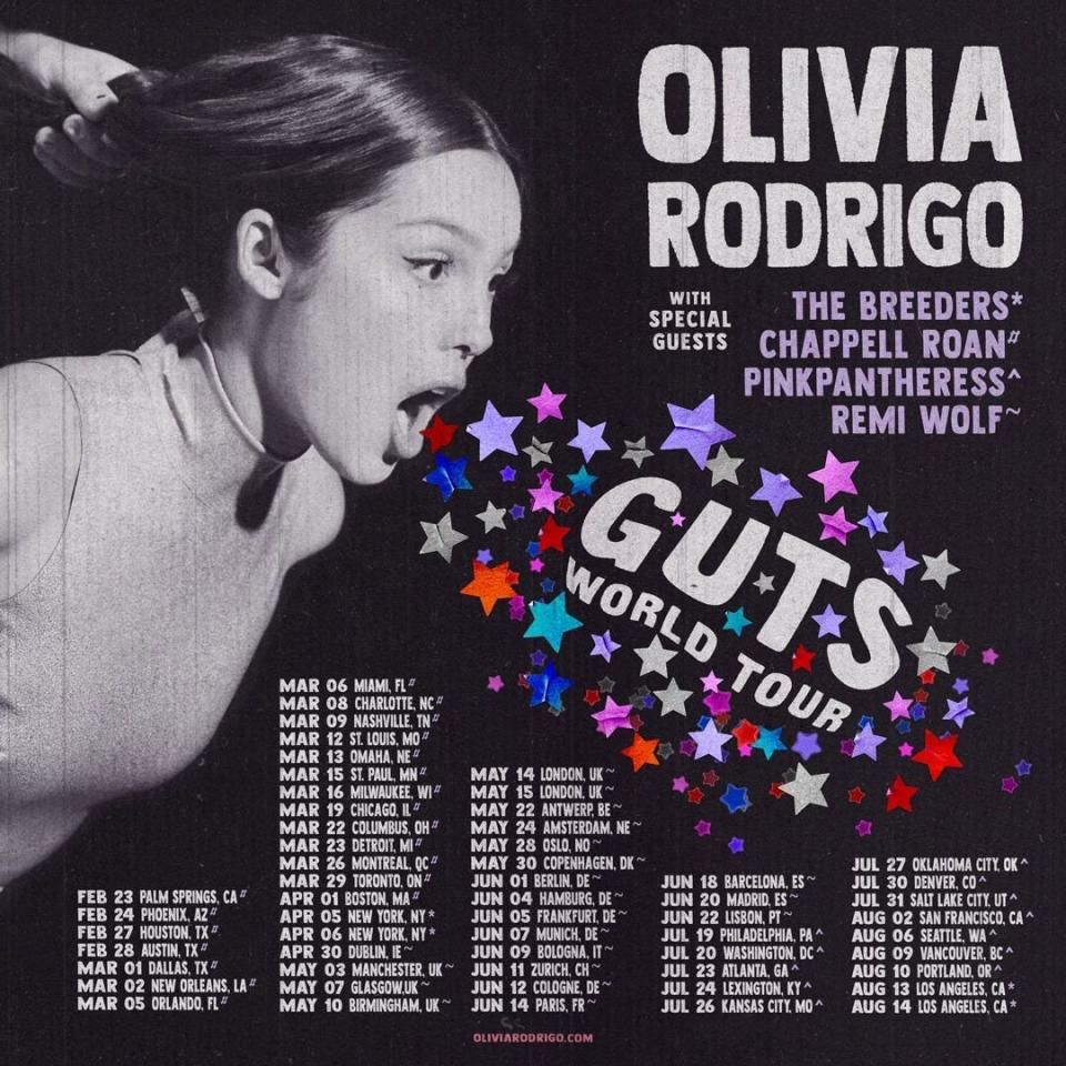 Pop musician Olivia Rodrigo announced her "GUTS world tour" on Wednesday, Sept. 13, 2023.