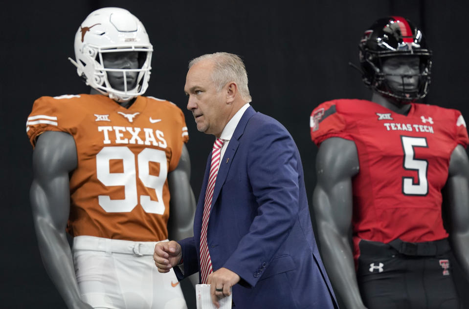 Texas Tech head coach Joey McGuire arrivers to speak to reporters at the NCAA college football Big 12 media days in Arlington, Texas, Thursday, July 14, 2022. (AP Photo/LM Otero)