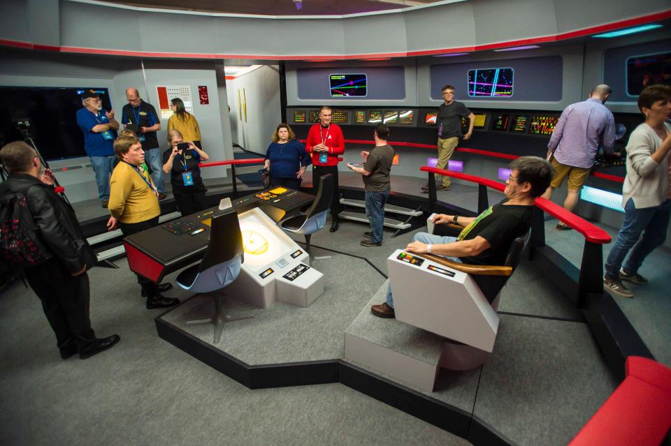 Visitors tour a replica of the bridge of the Starship Engterprise at Star Trek Original Set Tours in Ticonderoga N.Y. on Friday May 4, 2018, during an appearance there by William Shatner who portrayed Captain James. T. Kirk in the original Star Trek TV series.