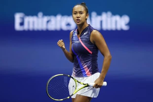 Canada's Leylah Fernandez reacts during her 5-7, 7-6, 6-4 win over third-seed Naomi Osaka in the third round match of the U.S. Open in New York. (Elsa/Getty Images - image credit)