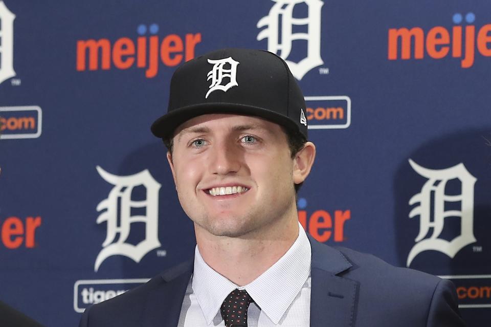 Detroit Tigers first overall pick Casey Mize is seen during a news conference where he was introduced to the media, Monday, June 25, 2018, in Detroit. (AP Photo/Carlos Osorio)