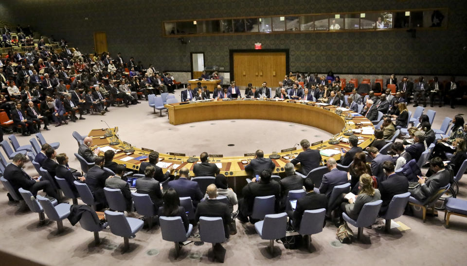 United Nations Security Council meets at U.N. headquarters to discuss a resolution on Venezuela, Tuesday Feb. 26, 2019. (AP Photo/Bebeto Matthews)