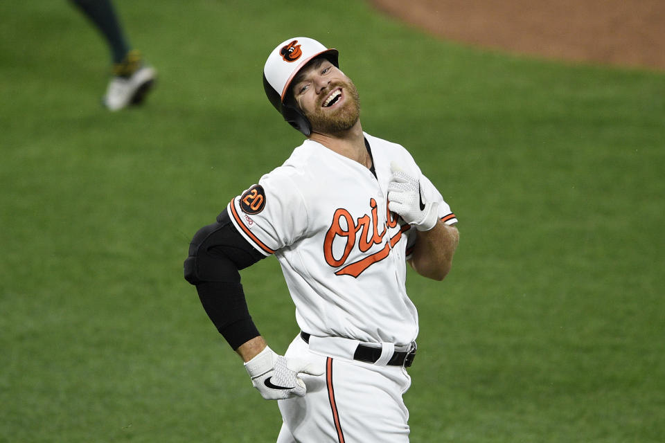 Baltimore Orioles' Chris Davis reacts after he lined out during the third inning of a baseball game against the Oakland Athletics, Monday, April 8, 2019, in Baltimore. (AP Photo/Nick Wass)