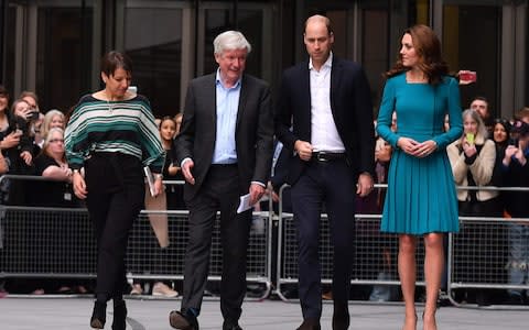 The Duke and Duchess of Cambridge with the BBC's Lord Hall and Alice Webb, director of children's programming - Credit: AFP