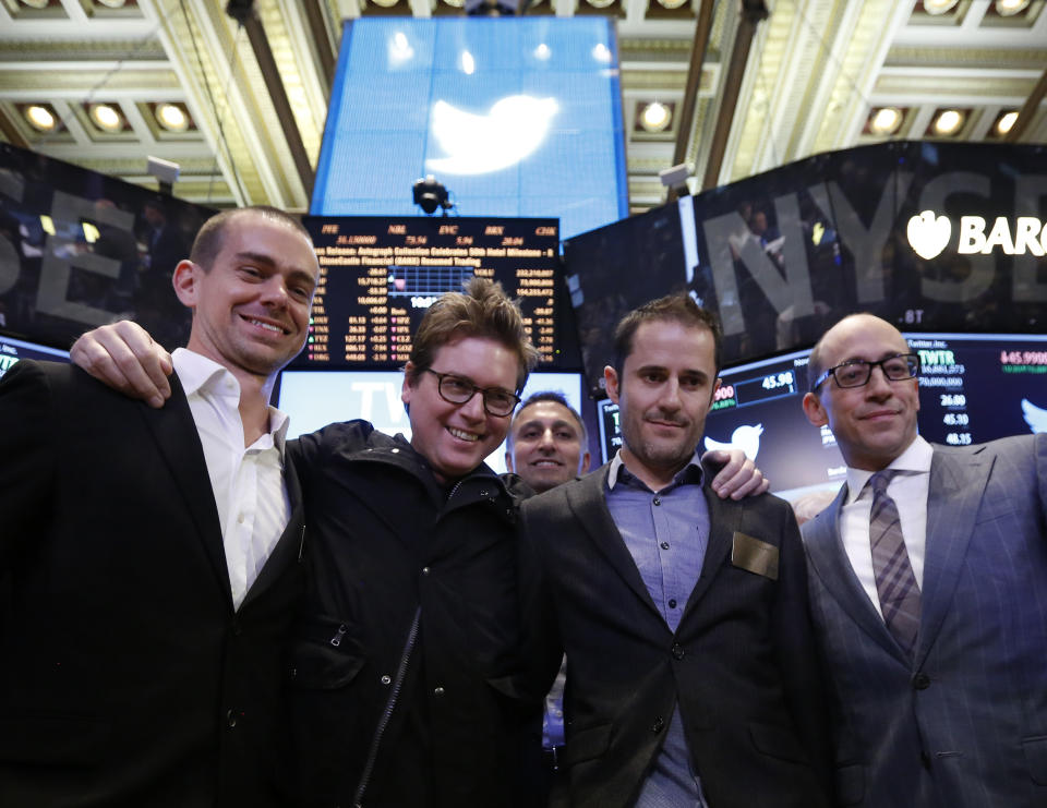 Twitter CEO Dick Costolo (R) celebrates the Twitter IPO with Twitter founders Jack Dorsey (L), Biz Stone (2nd L) and Evan Williams on the floor of the New York Stock Exchange in New York, November 7, 2013.     REUTERS/Brendan McDermid (UNITED STATES  - Tags: BUSINESS SCIENCE TECHNOLOGY)  