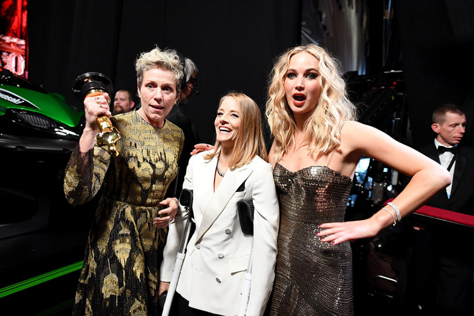 <p>Tallk about star power! Frances McDormand, left, winner for Best Actress for her role in <em>Three Billboards Outside Ebbing, Missouri</em>, posed backstage with Foster and Lawrence, who were on hand to present the coveted award at Sunday night’s Oscars. (Photo: Matt Petit/AMPAS via Getty Images) </p>