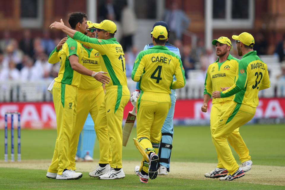 Mitchell Starc celebrates with team mates after dismissing Joe Root. (Credit: Getty Images)