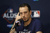 Tampa Bay Rays starting pitcher Charlie Morton answers a question during a news conference Sunday, Oct. 6, 2019, in St. Petersburg, Fla. The Rays take on the Houston Astros in Game 3 of a baseball American League Division Series on Monday. (AP Photo/Chris O'Meara)