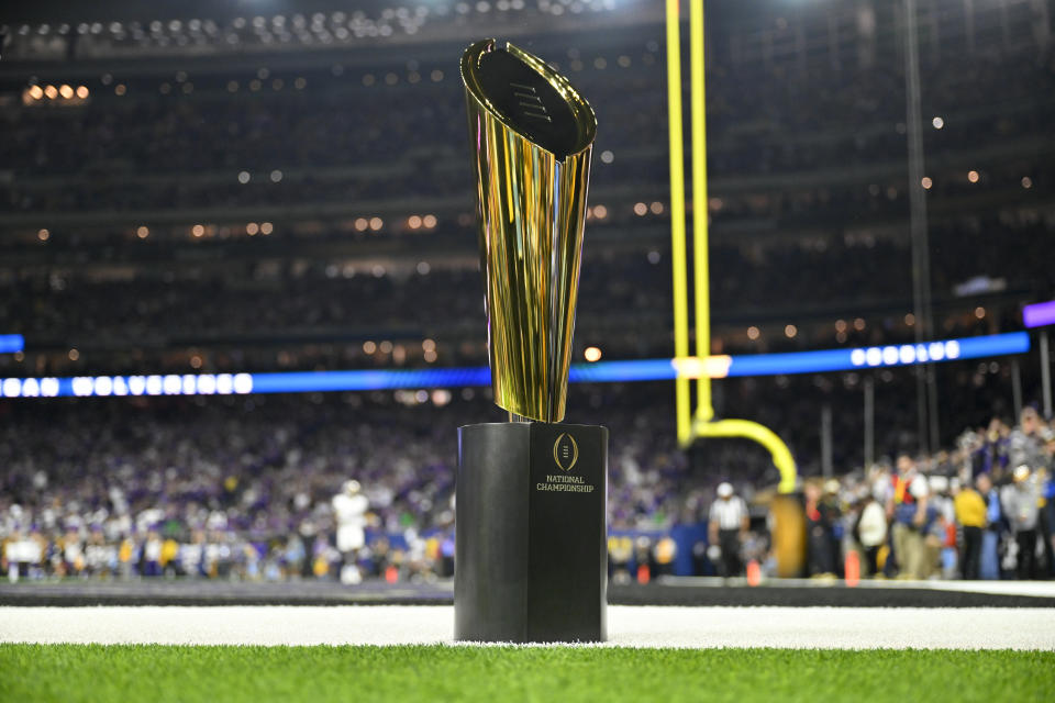 HOUSTON, TEXAS - JANUARY 08: A view of the The College Football Playoff National Championship Trophy during the 2024 CFP National Championship game between the Michigan Wolverines and the Washington Huskies at NRG Stadium on January 08, 2024 in Houston, Texas. The Michigan Wolverines won 34-13. (Photo by Alika Jenner/Getty Images)