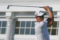 Henrik Stenson hits off the 16th tee during the second round of the Bedminster Invitational LIV Golf tournament in Bedminster, N.J., Saturday, July 30, 2022. (AP Photo/Seth Wenig)