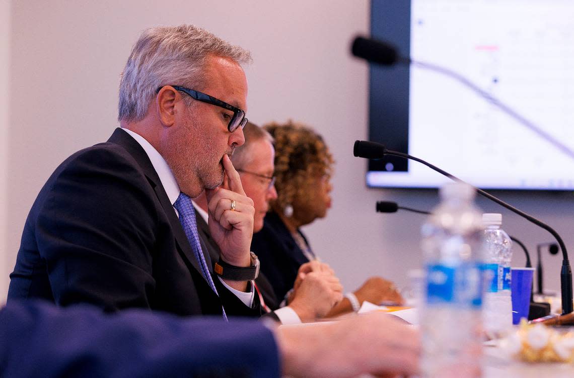 Alex Mitchell listens during a meeting of the UNC System Board of Governors university governance committee on Wednesday, Sept. 11, 2024, in Raleigh, N.C.