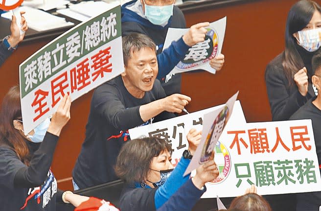 立法院24日院會上演萊豬表決大戰，國民黨立法院黨團總召林為洲（中）上台發言時播放當年民進黨反對瘦肉精的影片打臉民進黨，並帶領黨籍立委高喊「萊豬總統蔡英文」！（姚志平攝）