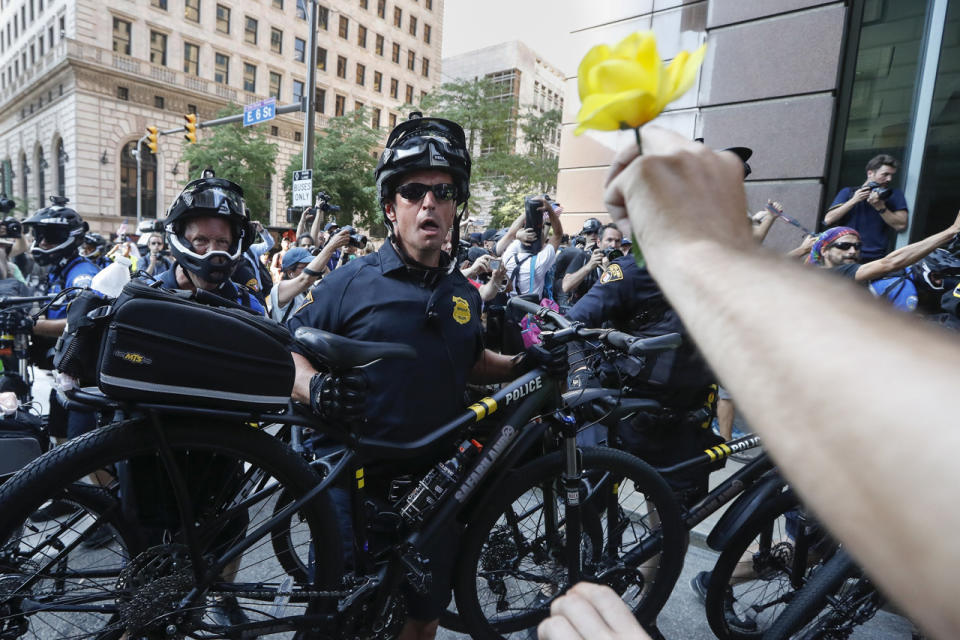 Demonstrators protest outside the RNC