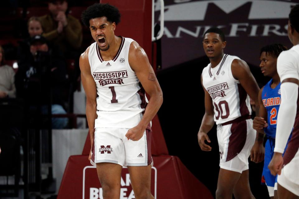 Jan 21, 2023; Starkville, Mississippi, USA; Mississippi State Bulldogs forward Tolu Smith (1) reacts during the first half against the Florida Gators at Humphrey Coliseum. Mandatory Credit: Petre Thomas-USA TODAY Sports