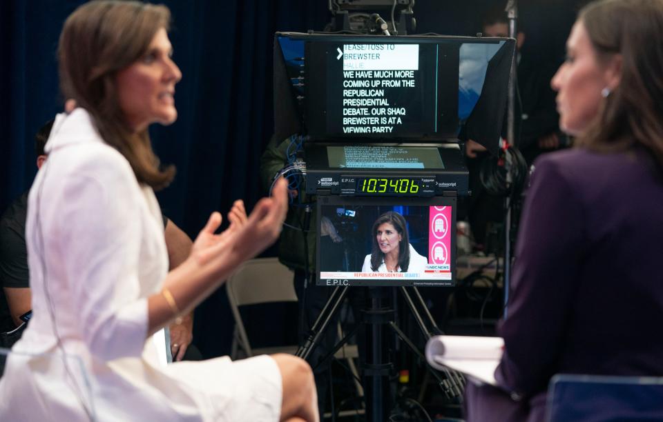 Former South Carolina Gov. Nikki Haley is interviewed by NBC host Halle Jackson in the spin room after the Republican National Committee presidential primary debate last November in Miami.