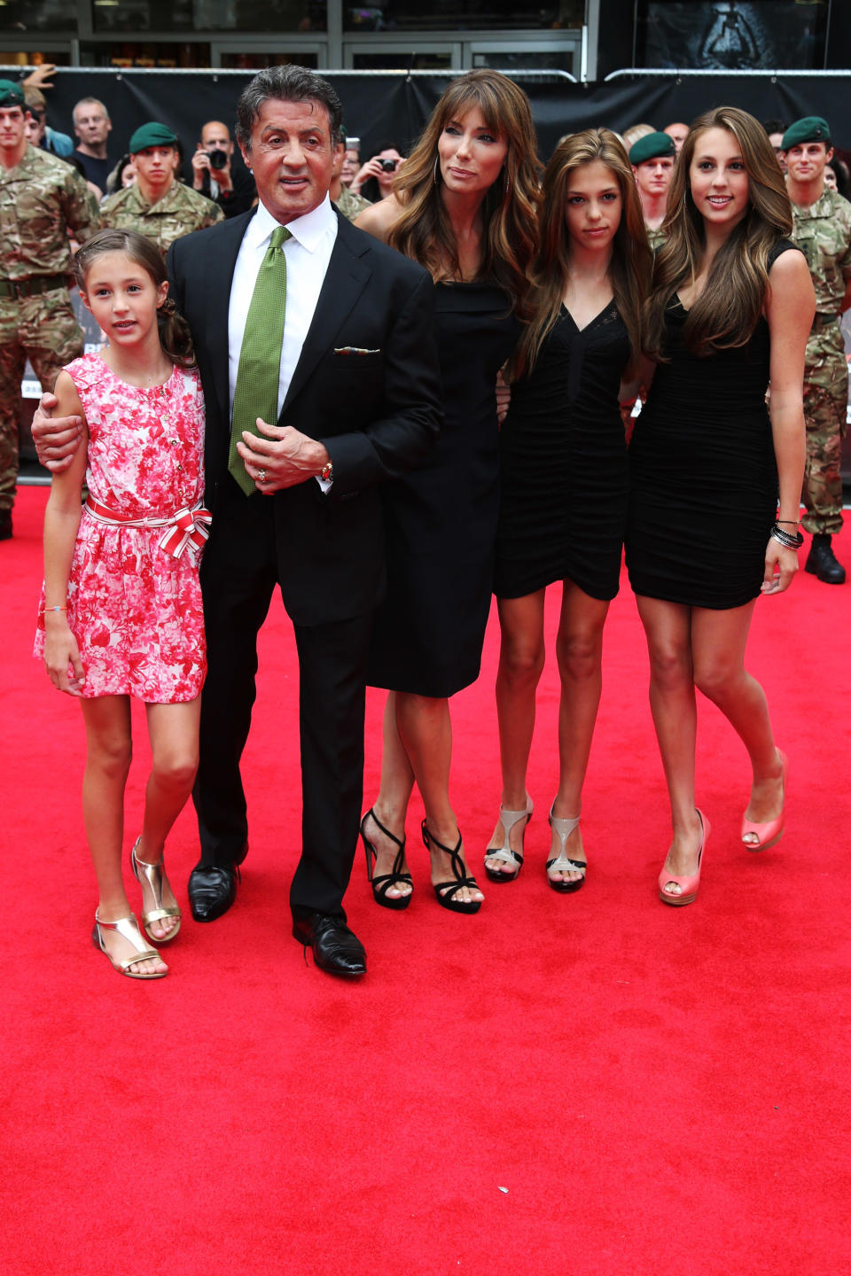 Sylvester Stallone, wife Jennifer Flavin and daughters attend the London premiere "The Expendables 2" on August 13, 2012.