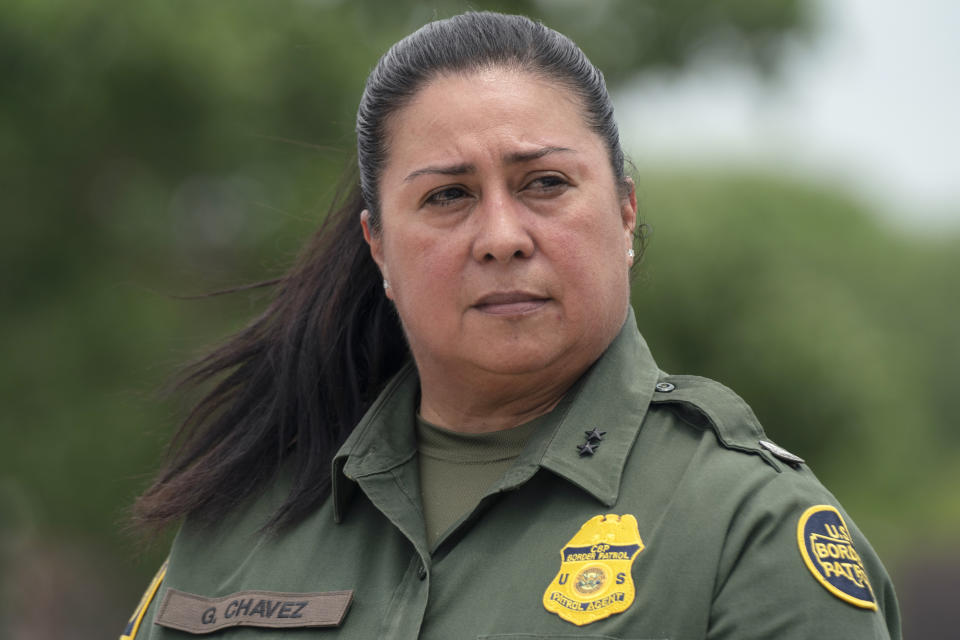 Gloria Chavez, Chief Patrol Agent, U.S. Border Patrol, RGV Sector, addresses the media at a press conference in Brownsville, Texas, Friday, May 5, 2023. (AP Photo/Veronica G. Cardenas)