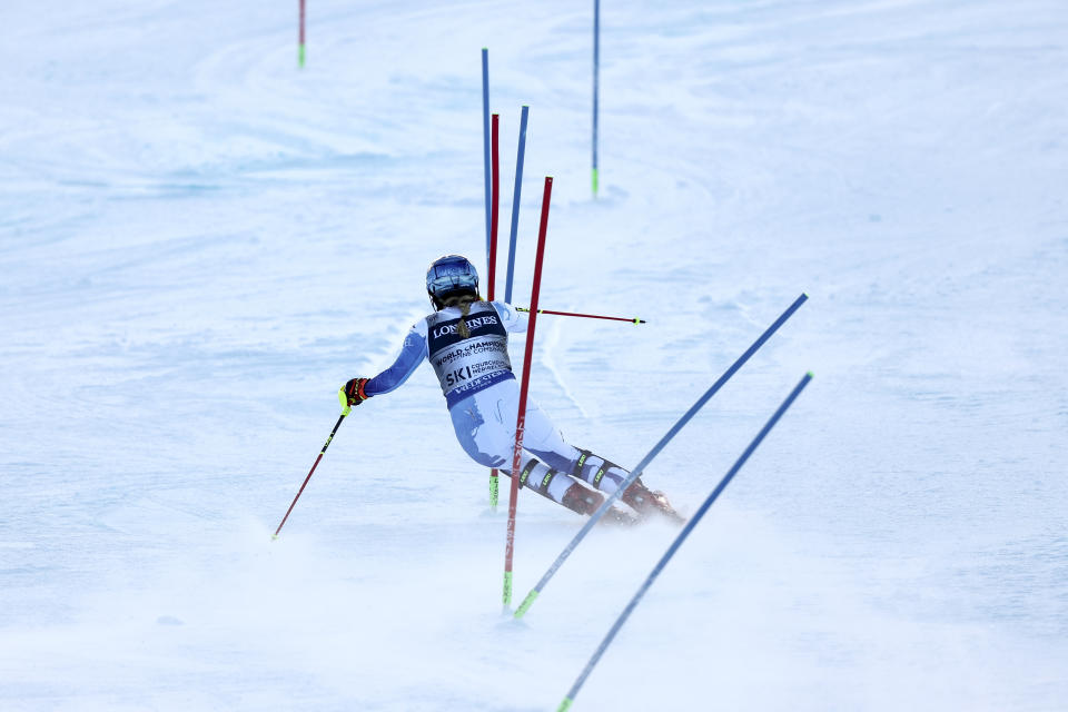 United States' Mikaela Shiffrin competes during the slalom portion of an alpine ski, women's World Championship combined race, in Meribel, France, Monday, Feb. 6, 2023. (AP Photo/Gabriele Facciotti)