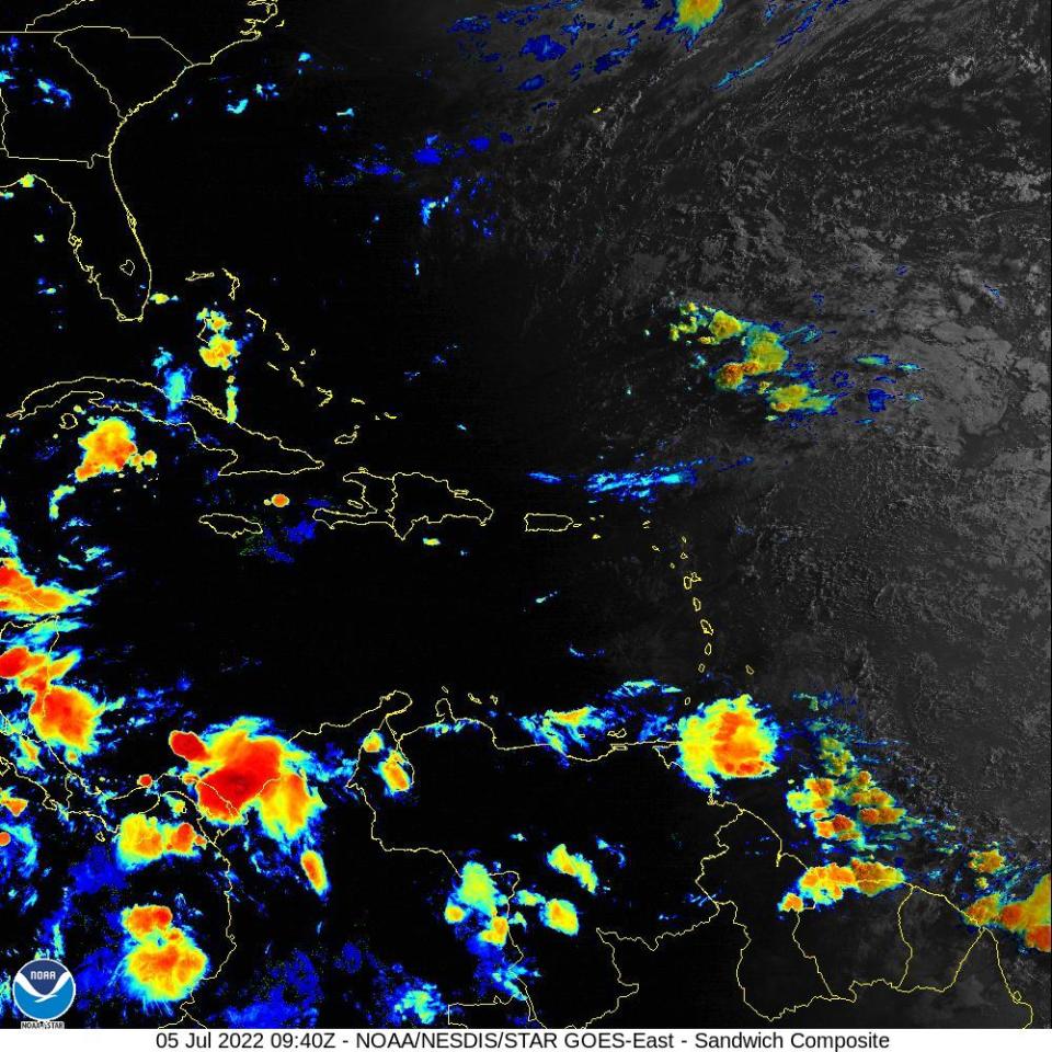 Two tropical waves in the Caribbean July 5, 2022.