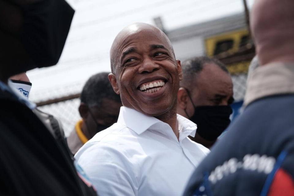 Eric Adams, Brooklyn Borough President and a Democratic mayoral candidate, speaks after receiving the endorsement from the Amalgamated Transit Union (ATU) in the Bronx on May 07, 2021 in New York City. (Photo by Spencer Platt/Getty Images)