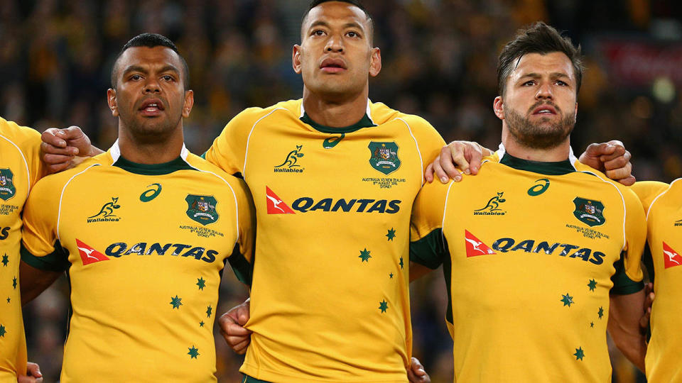 Kurtley Beale, Israel Folau and Adam Ashley-Cooper in 2015. (Photo by Cameron Spencer/Getty Images)