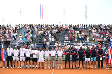 Tennis - Davis Cup - World Group Semi-Final - Croatia v United States - Sportski centar Visnjik, Zadar, Croatia - September 14, 2018 Teams and officials line up before the start of play REUTERS/Antonio Bronic