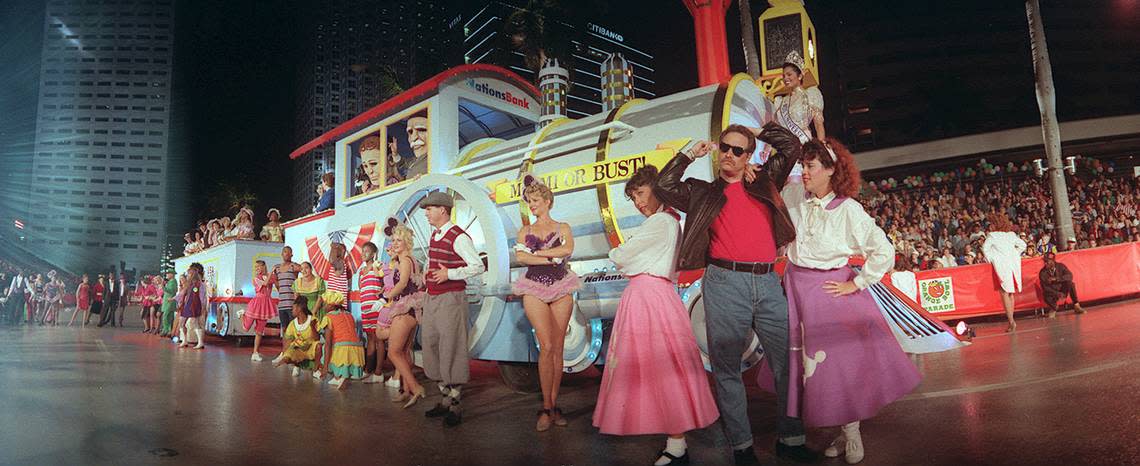 Entertainers on a float at the Orange Bowl Parade.