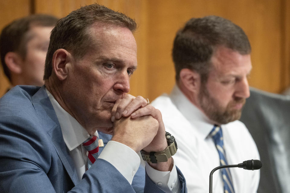 Sen. Ted Budd, R-N.C., listens during a Senate Health, Education, Labor and Pensions confirmation hearing for Julie Su to be the Labor Secretary, on Capitol Hill, Thursday, April 20, 2023, in Washington. (AP Photo/Alex Brandon)