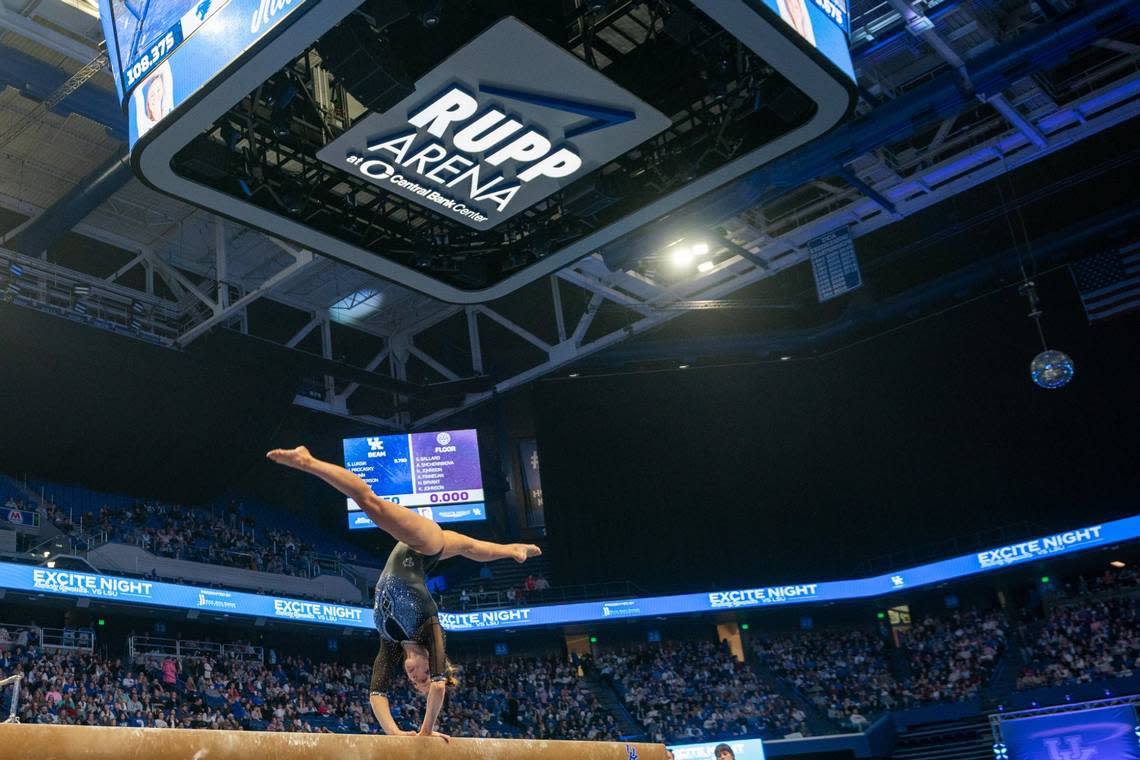 Jillian Procasky competed on the beam as UK defeated LSU 197.125-196.575 at Rupp Arena on Friday Jan. 13, 2023 in Lexington, Ky. The popular Excite Night opens the home season for the UK gymnastics team.