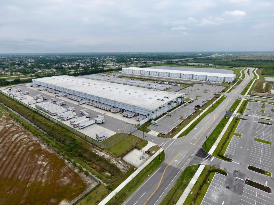An aerial drone photograph shows the Fed Ex distribution center in Port St. Lucie, located within the Southern Grove "jobs corridor" acquired by the city in 2018.