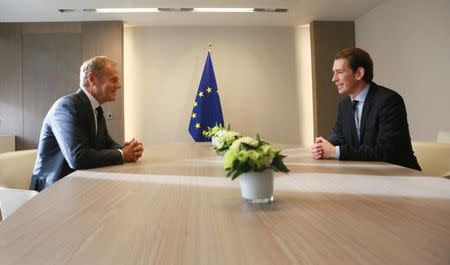 Austrian's Foreign Minister Sebastian Kurz (L) meets with European Council President Donald Tusk in Brussels, Belgium October 19, 2017. REUTERS/Olivier Hoslet/Pool