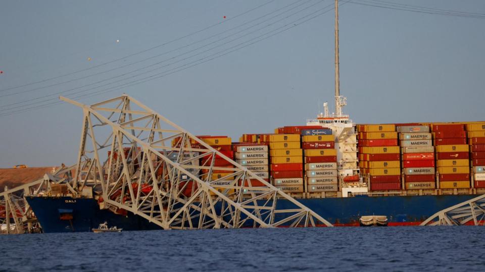 PHOTO: A view of the Dali cargo vessel which crashed into the Francis Scott Key Bridge causing it to collapse in Baltimore, March 26, 2024.  (Julia Nikhinson/Reuters)