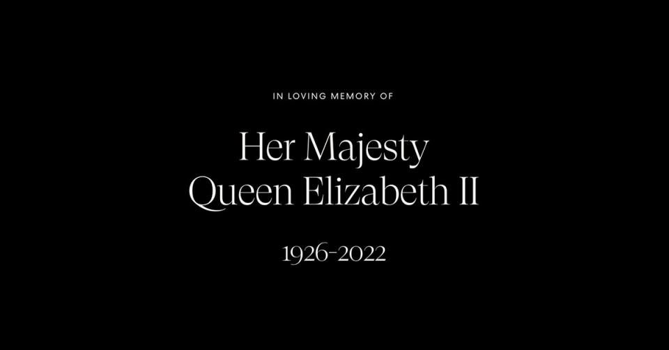 A black screen with white text reading: In loving memory of Her Majesty Queen Elizabeth II 1926-2022